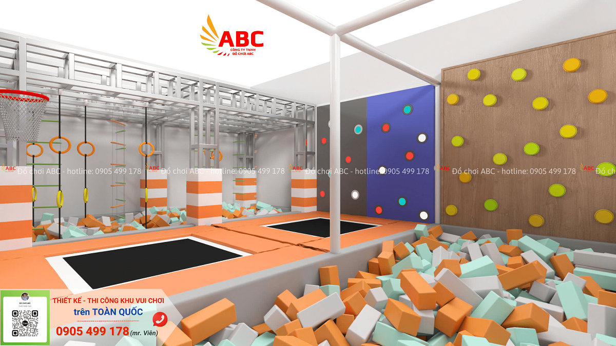 2 sàn nhún trampoline kết hợp cùng tường leo núi đầy thử thách