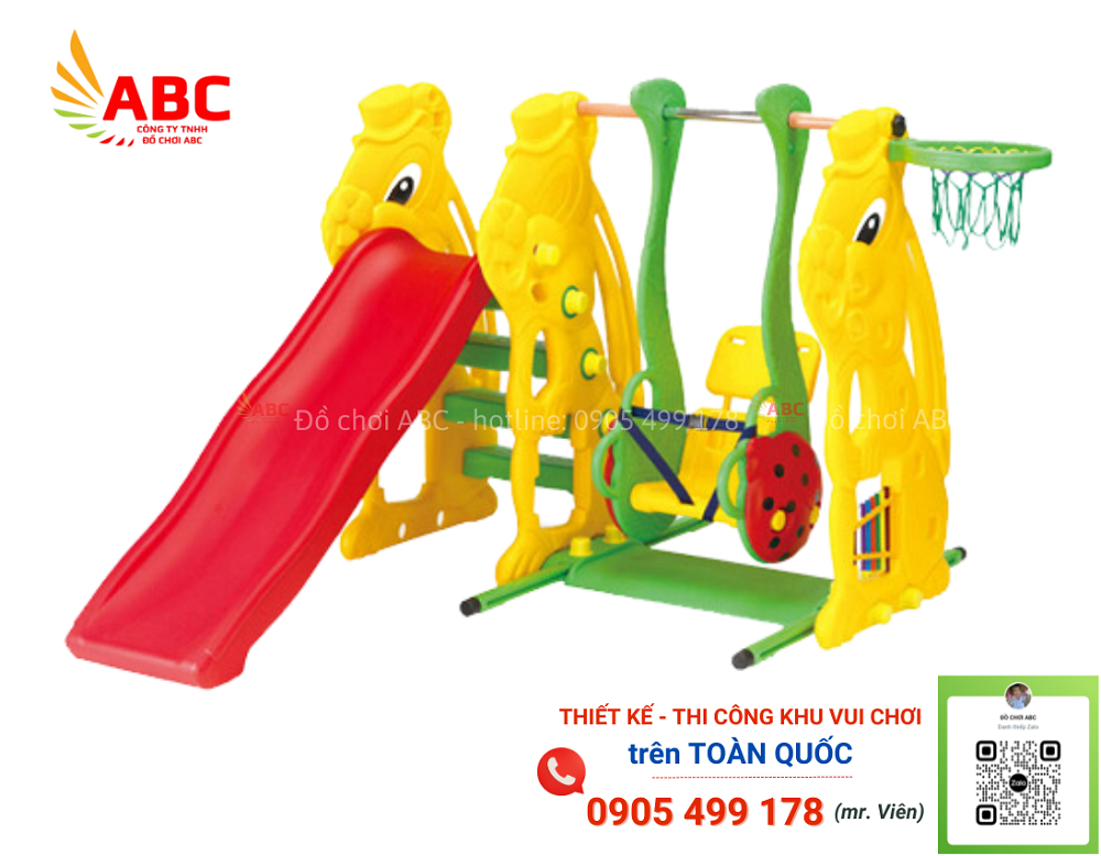 Cầu trượt xích đu bóng rổ hình gấu - Đồ chơi mầm non