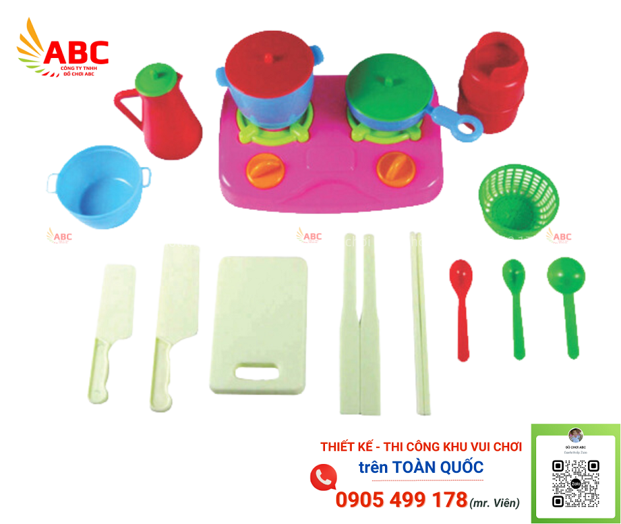 Bộ đồ chơi nhà bếp gồm bếp ga, bình ga, nồi, xoong, chảo, ấm nước, thớt, dao, đũa bếp,…